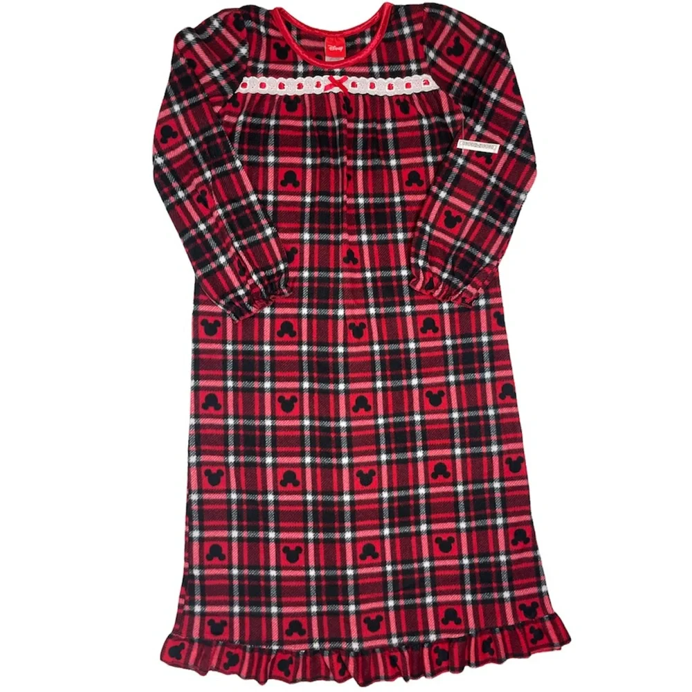 Disney Nightgown Lace Trim Bow Nightshirt Mickey Mouse Buffalo Plaid Tartan Red